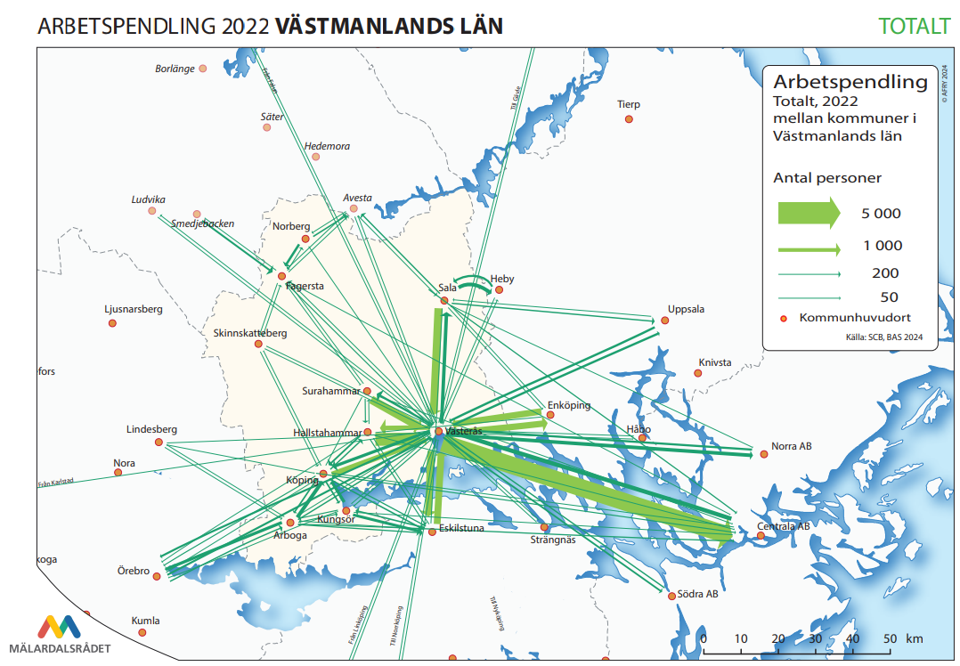 Karta som visar pendlingsflöden till och från orter i Västmanland. Ju tjockare streck ju fler pendlare.