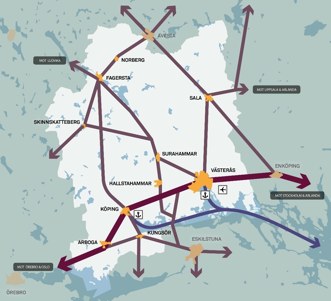 Karta över de transportstråk i Västmanland (järnväg och väg) som visar hur länet hänger samman