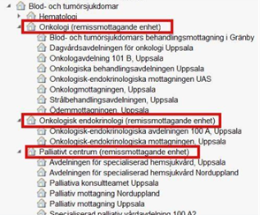 Bilden visar enheter i Cosmic som är markerade som remissmottagande enheter