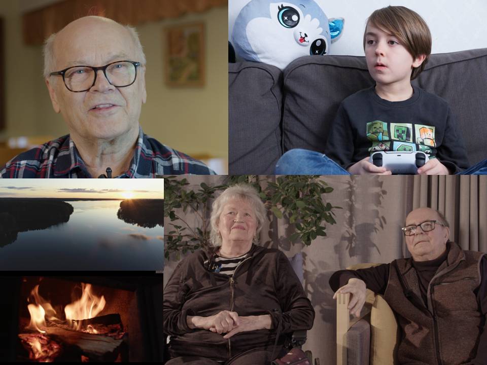 Ett kollage med flera personer. Ett äldre par som sitter i fåtöljer. En pojke som spelar tv-spel. Drönarbild över landskap. En eldstad som brinner. 