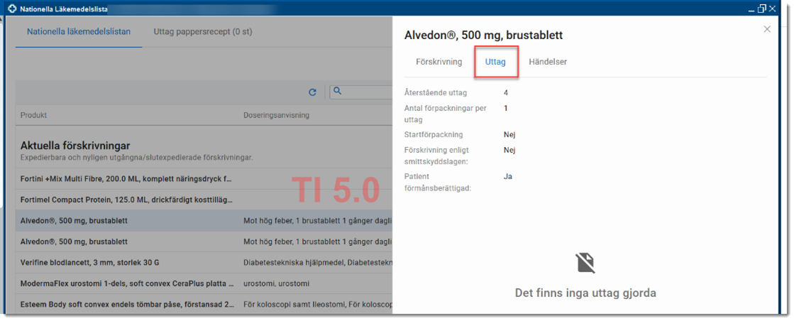 Bild visar information fr&aring;n NLL om att det finns f&ouml;rskrivet 4 uttag som presenteras i fliken Uttag.