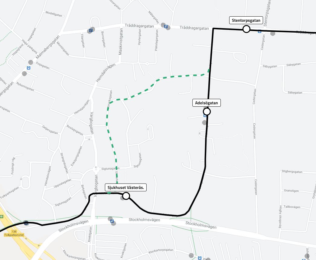 Karta över den nya bussgatan i sjukhusområdet i Västerås.