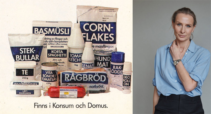 Till vänster i bild står en massa olika produkter från KOnsum och till höger en bild på Sara Kristoffersson.
