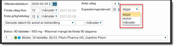 Presenterar valbar information som ges f&ouml;r expedieringsintervall i dagar, veckor och m&aring;nader