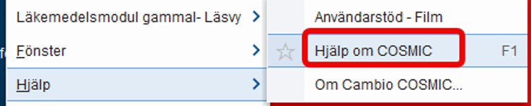 Bilden visar menyn i Cosmic