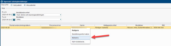 Beställningsstatus med en röd pil på makulera