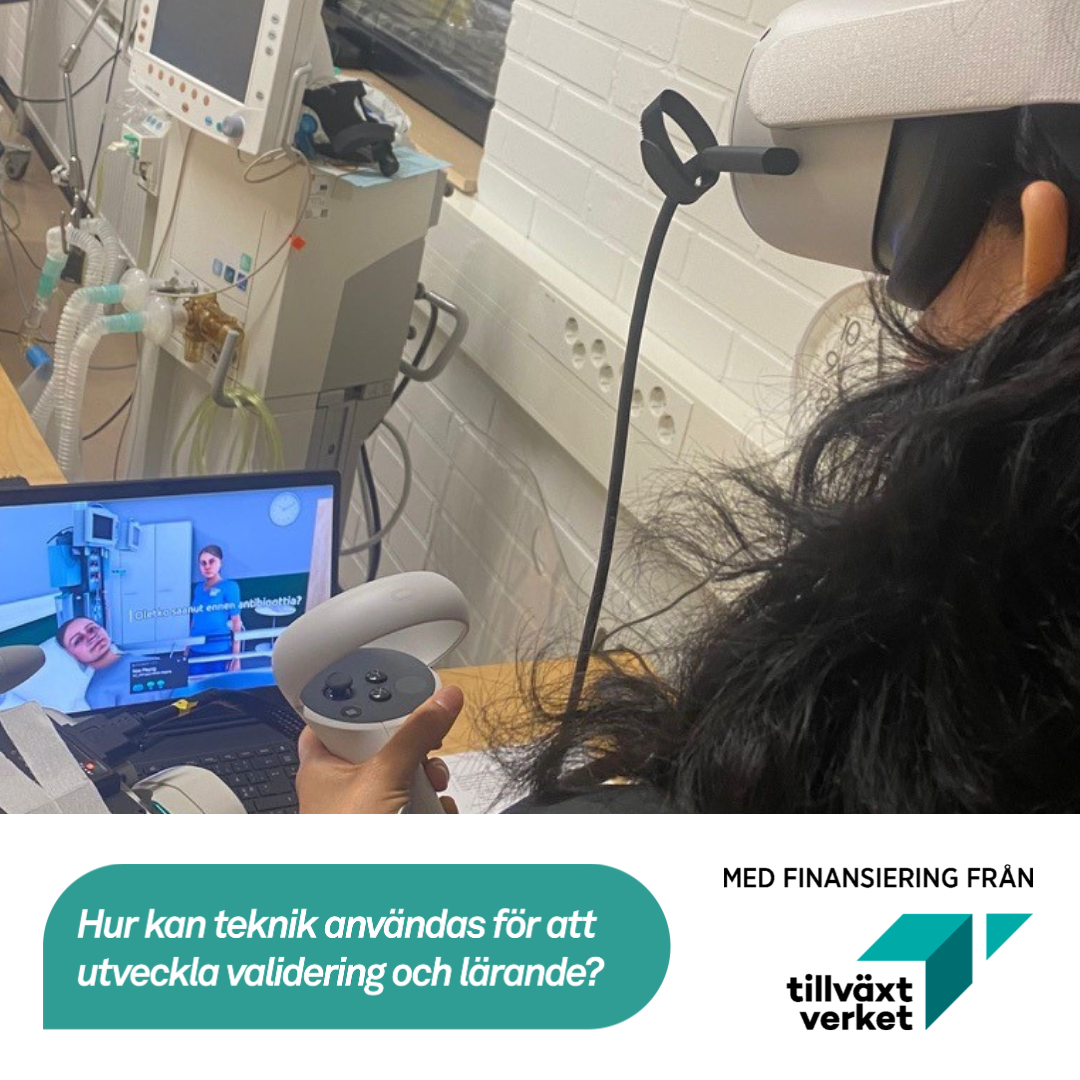 Kvinna med VR-glas&ouml;gon testar l&auml;rande inom v&aring;rden.