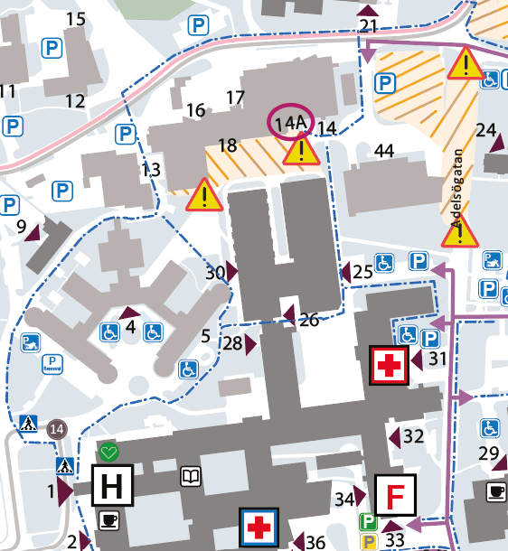 Kartbild som beskriver g&aring;ngv&auml;gen till restaurang H&ouml;jdpunkten p&aring; sjukhusomr&aring;det i V&auml;ster&aring;s