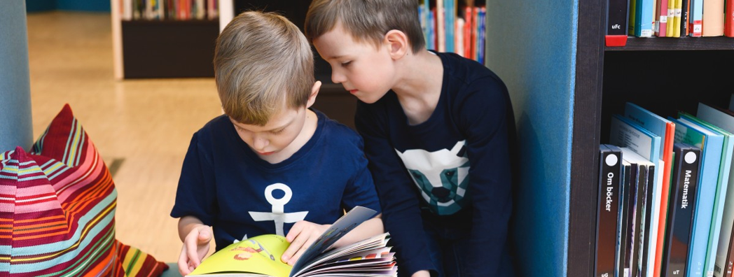 Två små pojkar tittar i en bok på ett bibliotek