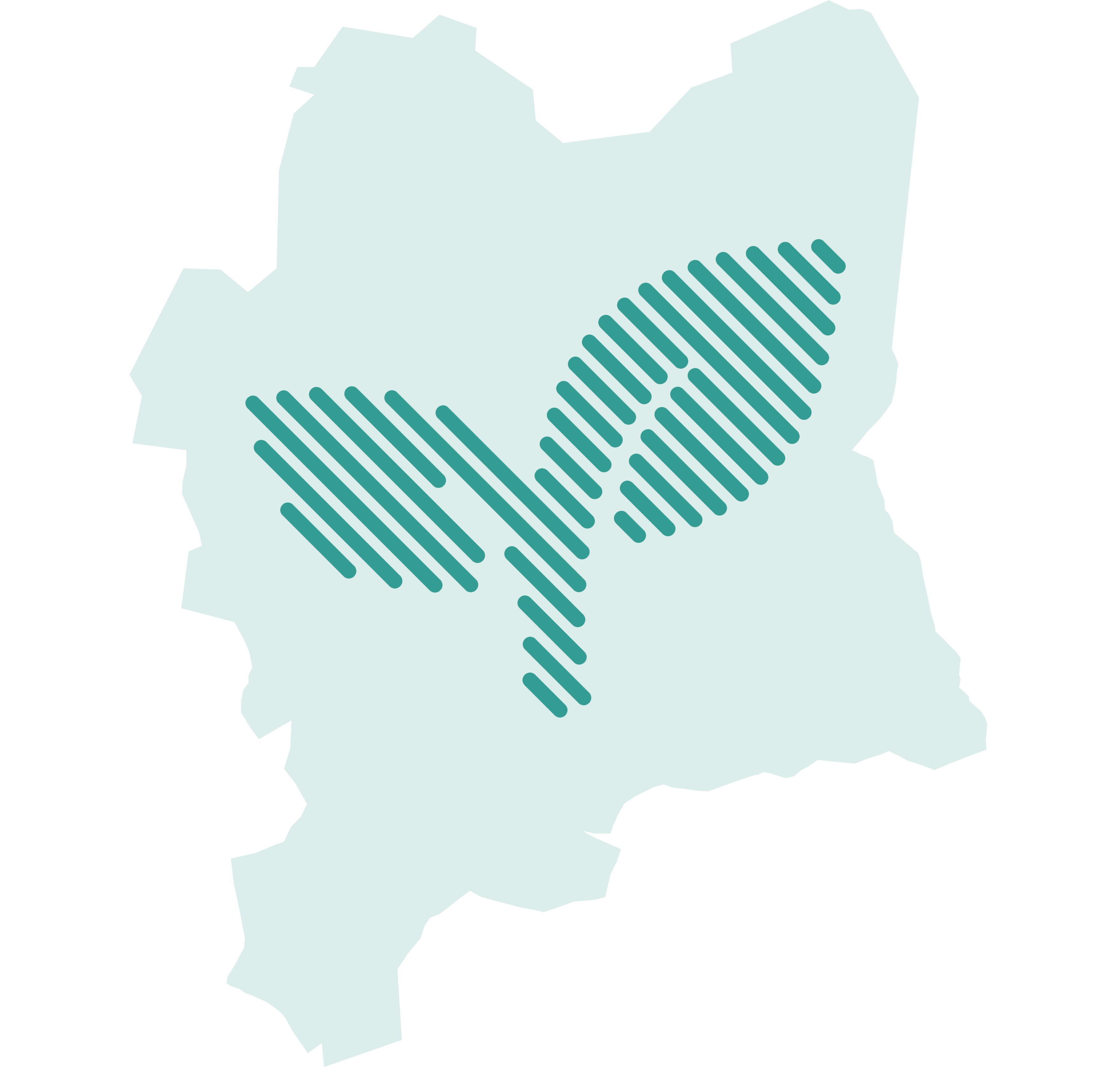 Region Västmanlands grafik: Karta över Västmanland med gröda placerad mitt ovanpå.