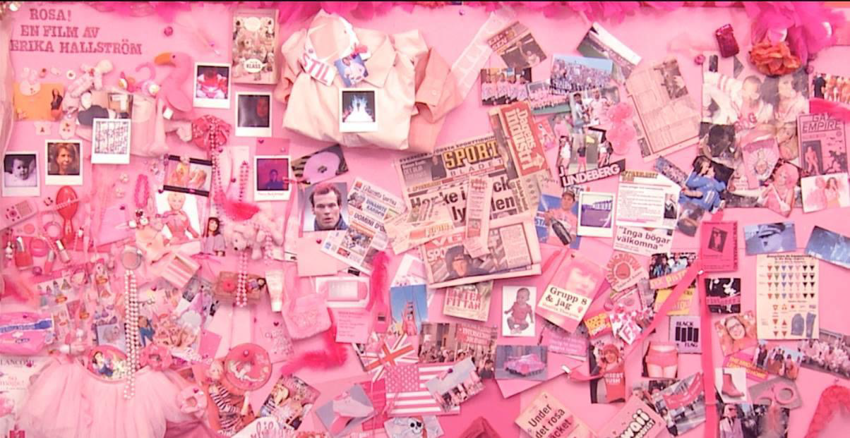 Collage med bilder och prylar, allt i rosa nyanser.