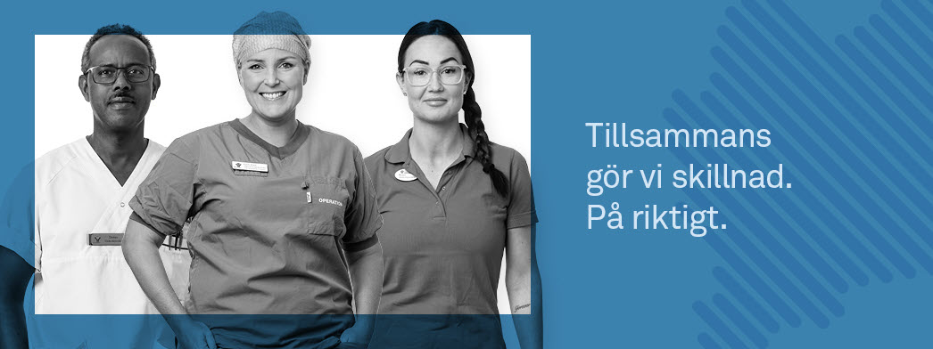 Ram i blått runt tre porträttbilder av en undersköterska, en operationssjuksköterska och en habiliteringsassistent. Till höger om dem står texten "Tillsammans gör vi skillnad. På riktigt." 