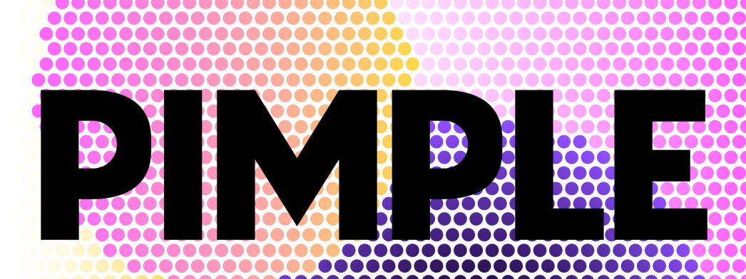 Texten Pimple Pop med grafik i form av många prickar i olika färger, som bildar olika färgcirklar.